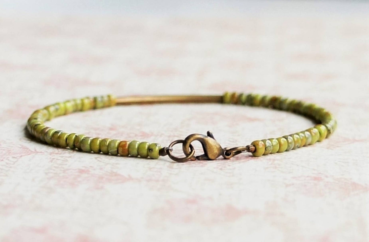 Olive Green Bronze Bar Bracelet: 7"