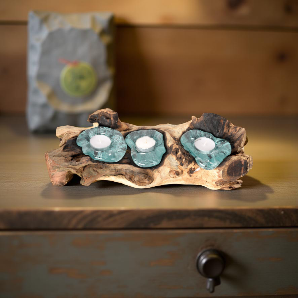 Triple Molten Glass Tea Light Candle Holder - Natural Wood