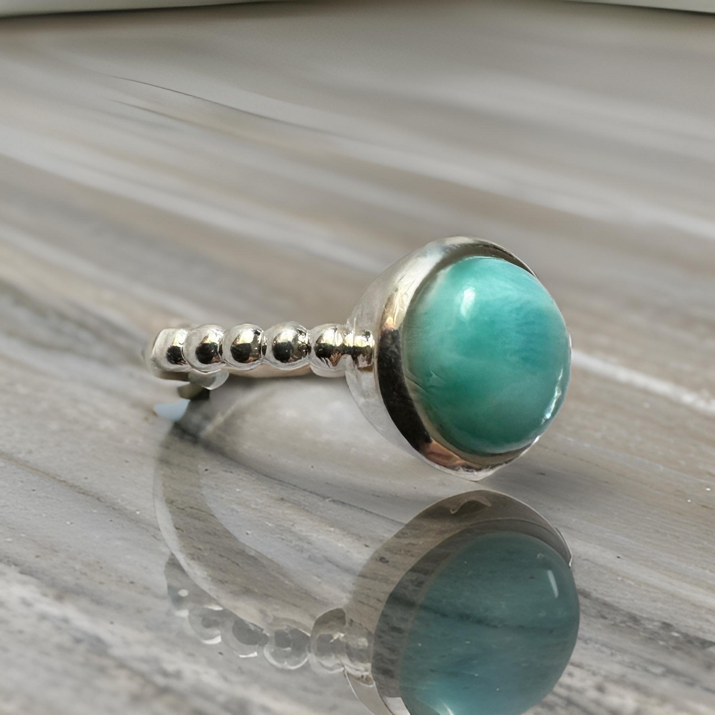 Larimar Ocean Stone Ring – Twisted Sterling Silver Band (Sz 8)