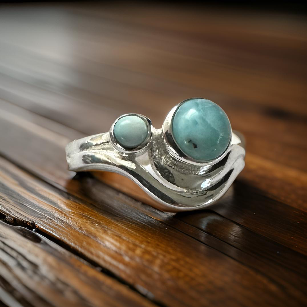 Sea & Sky – Sterling Silver Larimar Duo Ring (Size 8)
