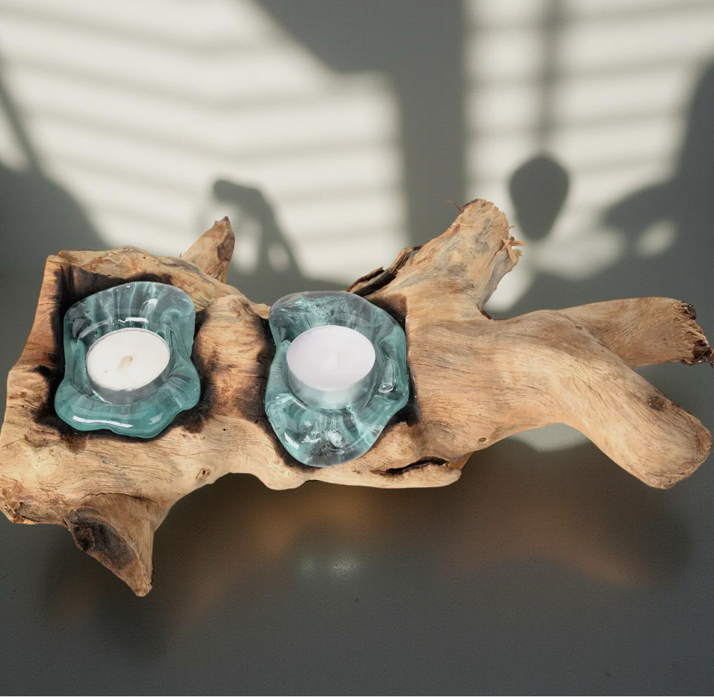 Large Double Molten Glass Candle With Natural Wood