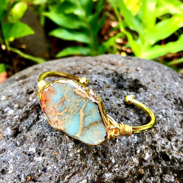 Ocean Jasper Gemstone Gold Cuff Bracelet