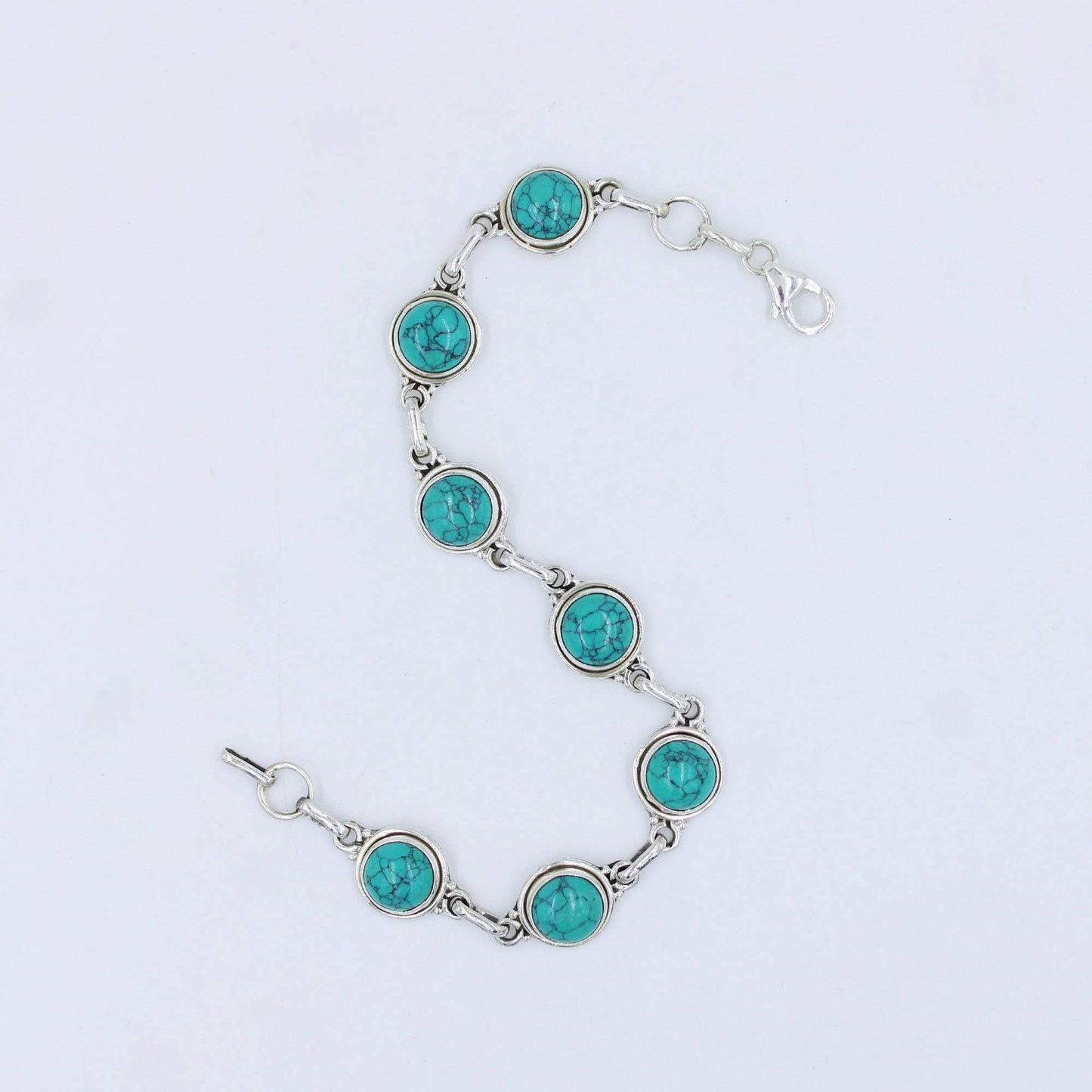 Natural Turquoise Cabochon 925 Sterling Silver Bracelet