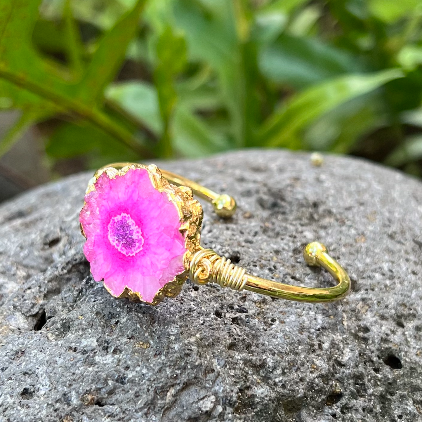 Pink Geode Gemstone Gold Bangle Cuff Bracelet