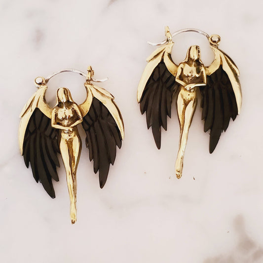 Dark Angel Hoop Earrings Carved in Bali .925 Ear Wire