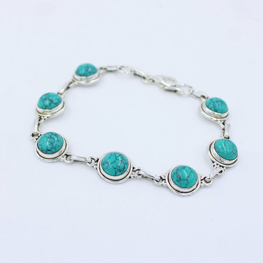 Natural Turquoise Cabochon 925 Sterling Silver Bracelet