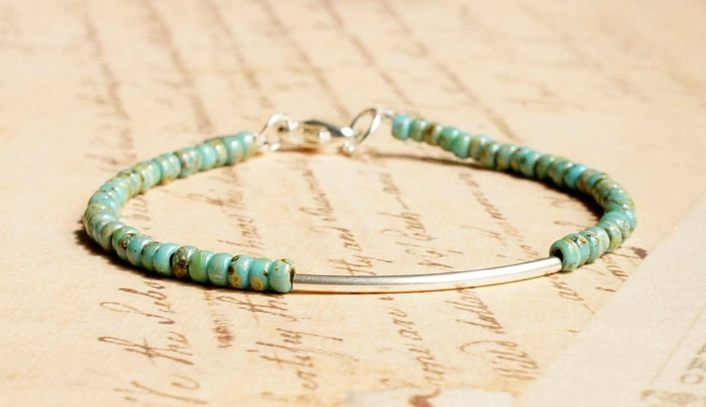 Turquoise Blue Sterling Silver Bar Bracelet: 7"