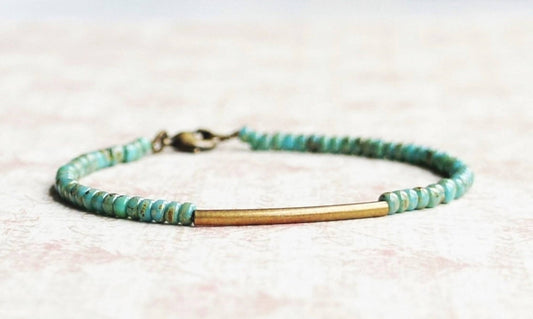 Turquoise Blue Seed Beads And Bronze Bar Bracelet: 7"