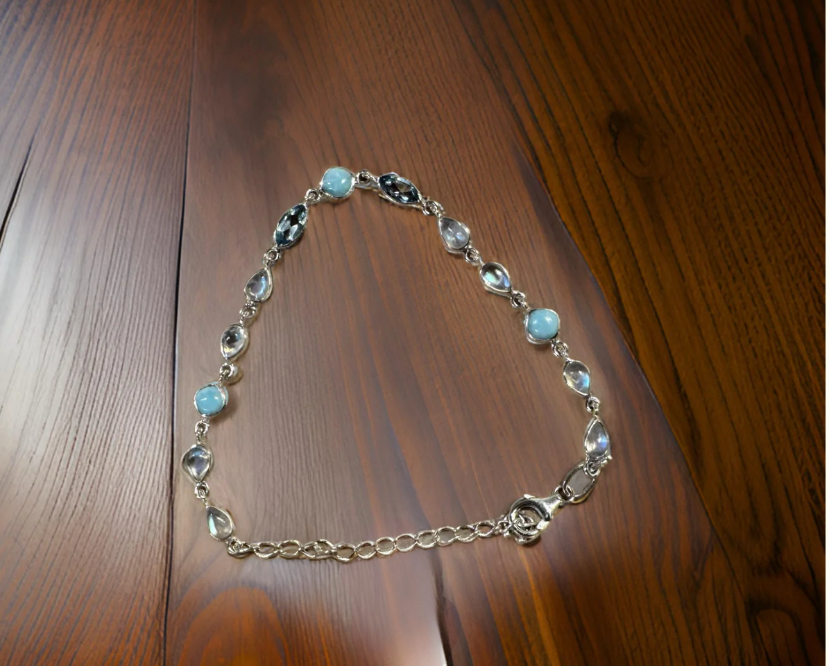 Elegant Larimar, Moonstone, and Blue Topaz Sterling Silver Link Bracelet