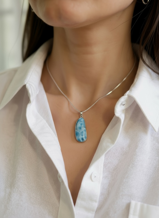 Larimar Necklace Sterling Silver Pendant | Genuine Caribbean Stone
