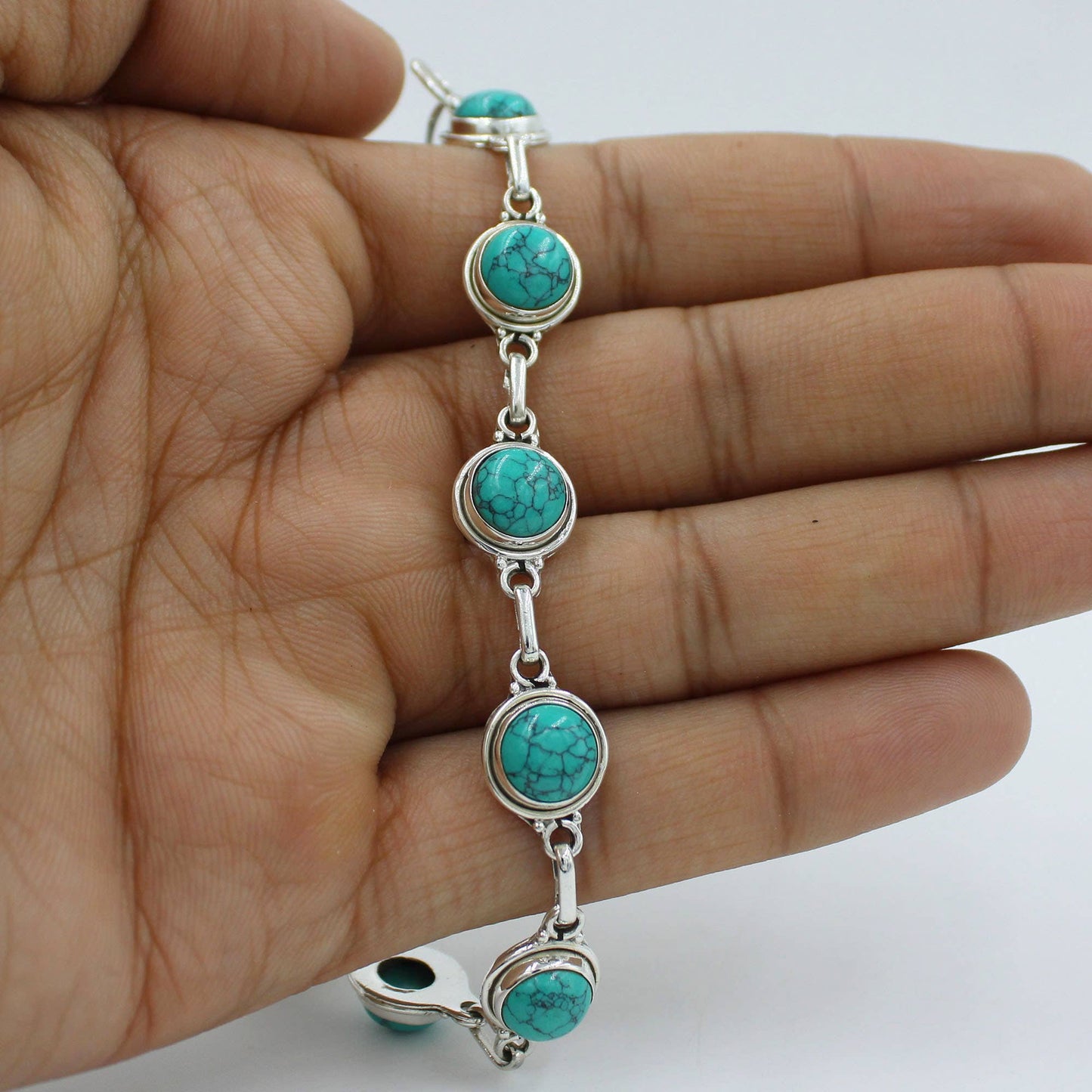 Natural Turquoise Cabochon 925 Sterling Silver Bracelet
