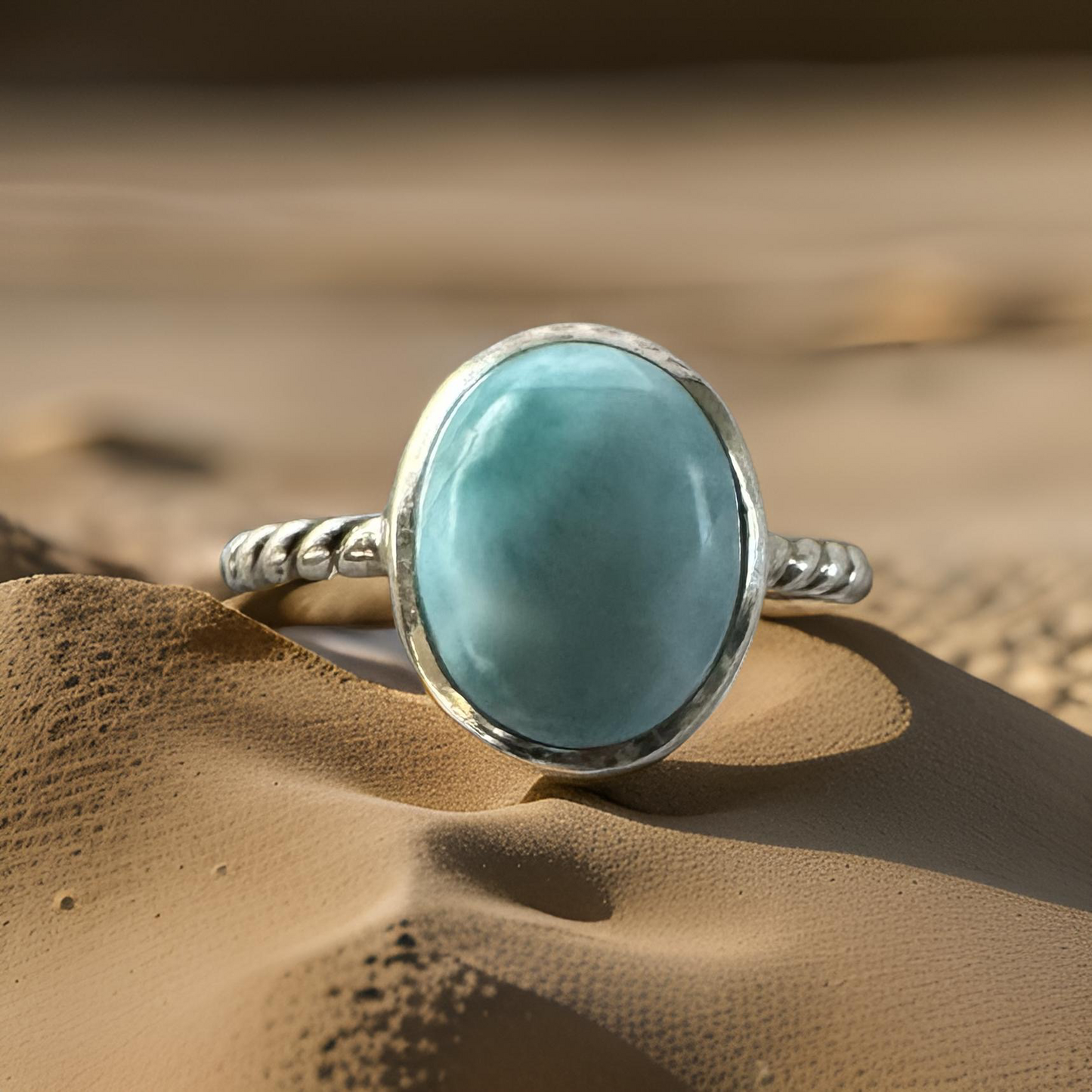 Twist of Tranquility – Larimar Statement Ring in Sterling Silver (Size 8)
