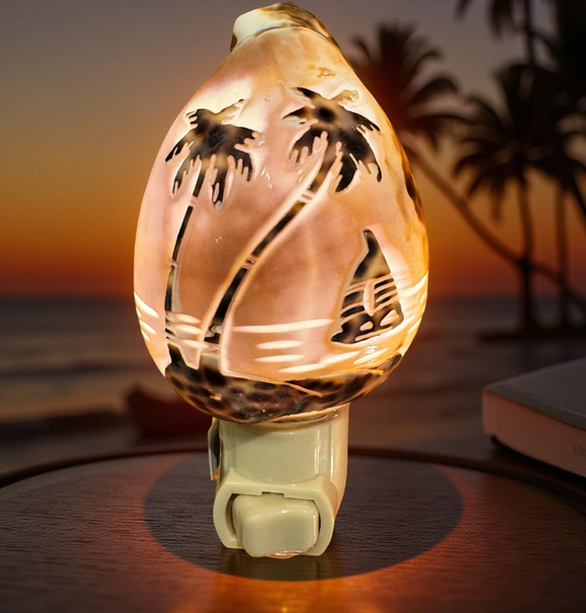 Carved Tiger Cowrie Palm Tree Sea Shell Nightlight