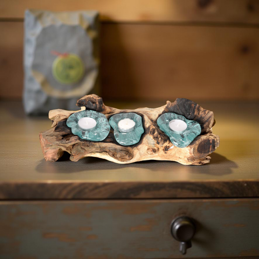 Triple Molten Glass Tea Light Candle Holder - Natural Wood