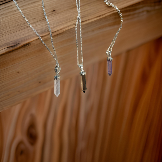 Sterling Silver Gemstone Point Pendant - Amethyst, Rose Quartz or Smoky Quartz