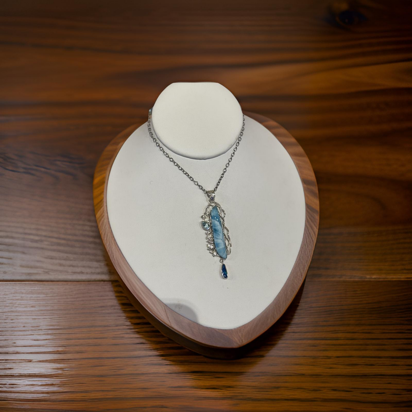 Ocean’s Elegance – Larimar, Tanzanite, Opal & Blue Topaz Statement Necklace