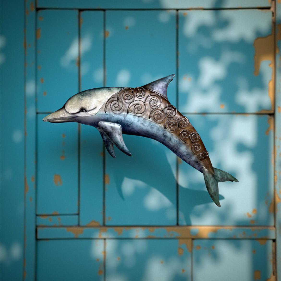 Tidal Spirit Dolphin – Ocean-Energy Wall Art 
Galvanized Metal & Capiz Shell Wall Plaque