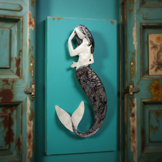 Galvanized Metal & Capiz Shell Mermaid Wall Art – 21” Vertical