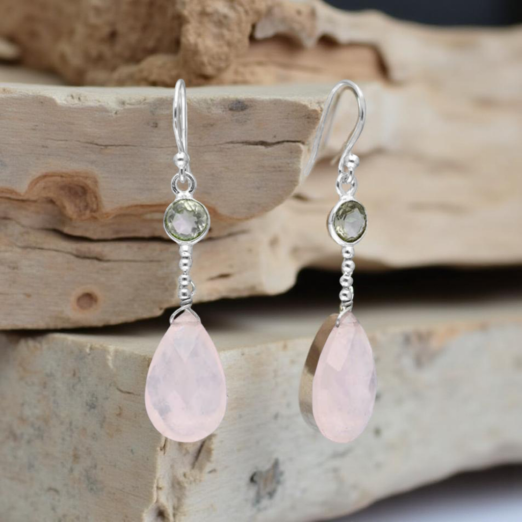 Rose Quartz & Green Amethyst Dangle Earrings – 925 Sterling Silver, Handcrafted Boho Style