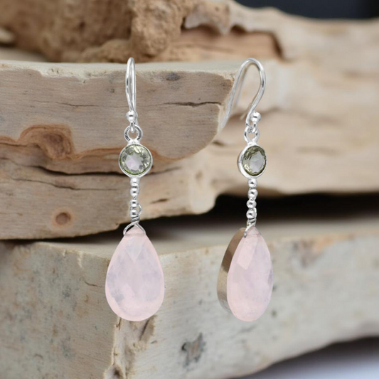 Rose Quartz & Green Amethyst Dangle Earrings – 925 Sterling Silver, Handcrafted Boho Style