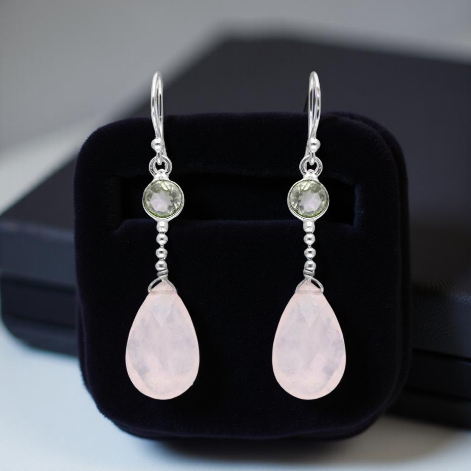 Rose Quartz & Green Amethyst Dangle Earrings – 925 Sterling Silver, Handcrafted Boho Style