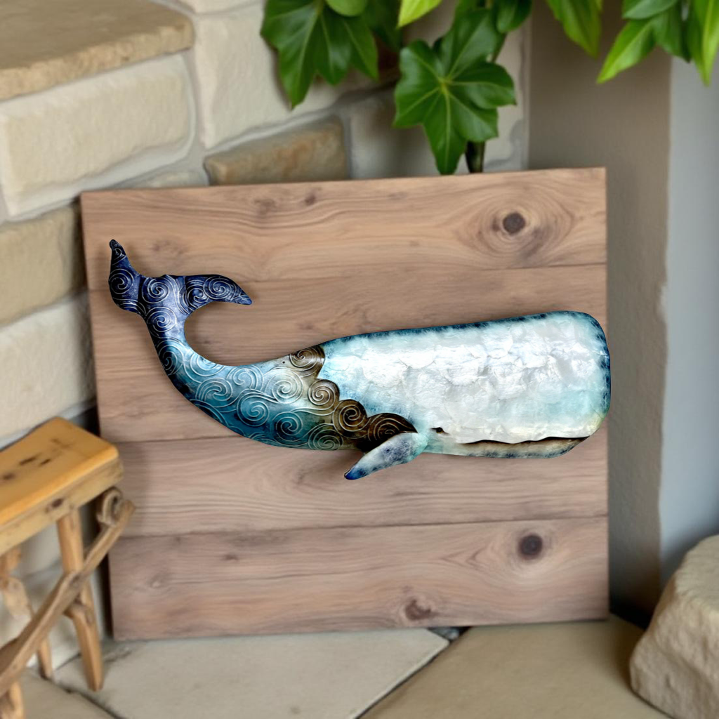 Blue Drift Whale – Capiz Shell & Metal Wall Art