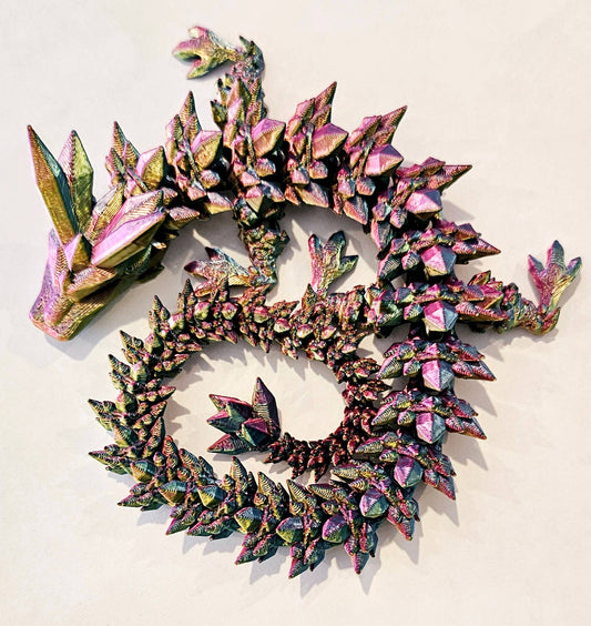 3D Articulated Crystal Dragon (14"): Metallic Rainbow (red/blue/gold)