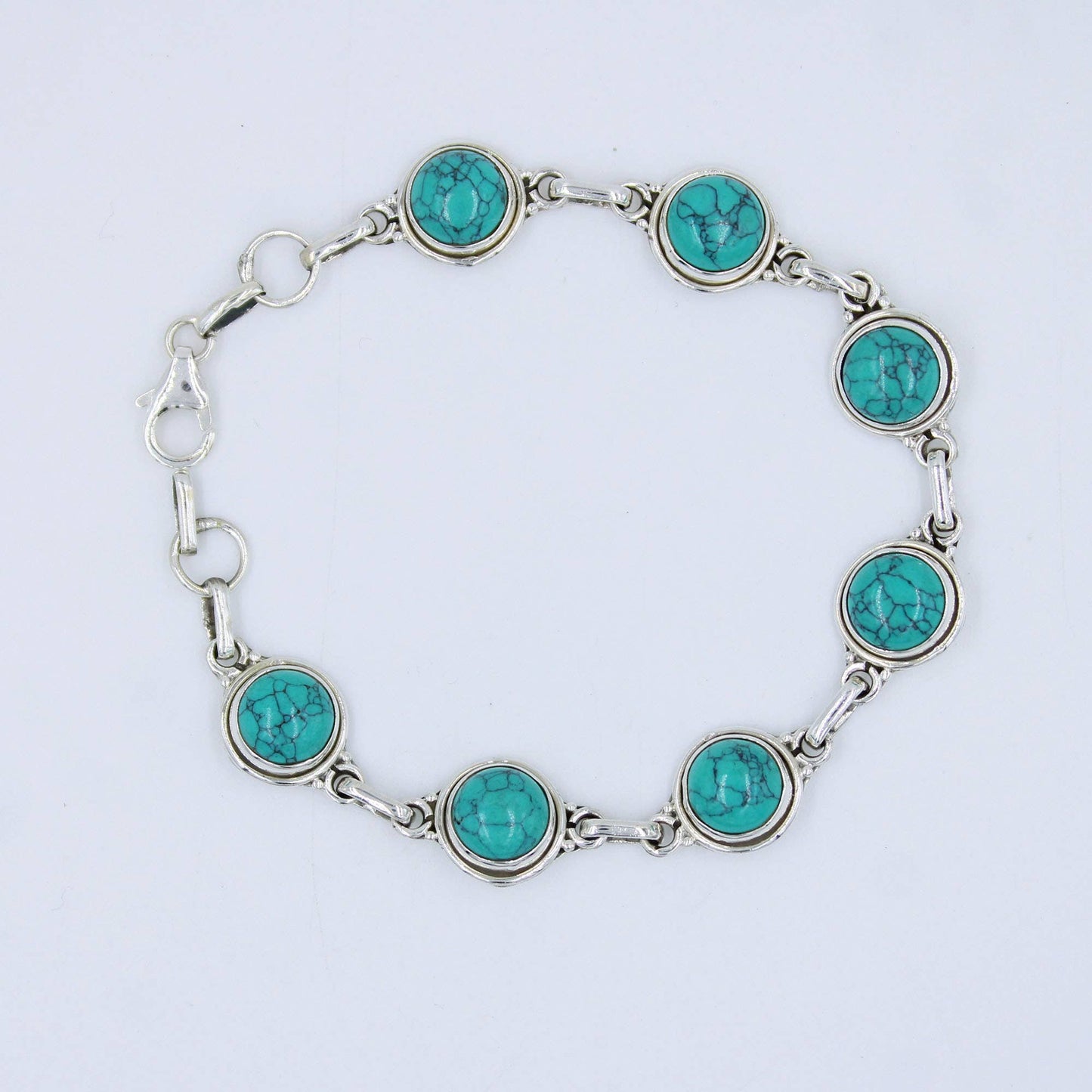 Natural Turquoise Cabochon 925 Sterling Silver Bracelet