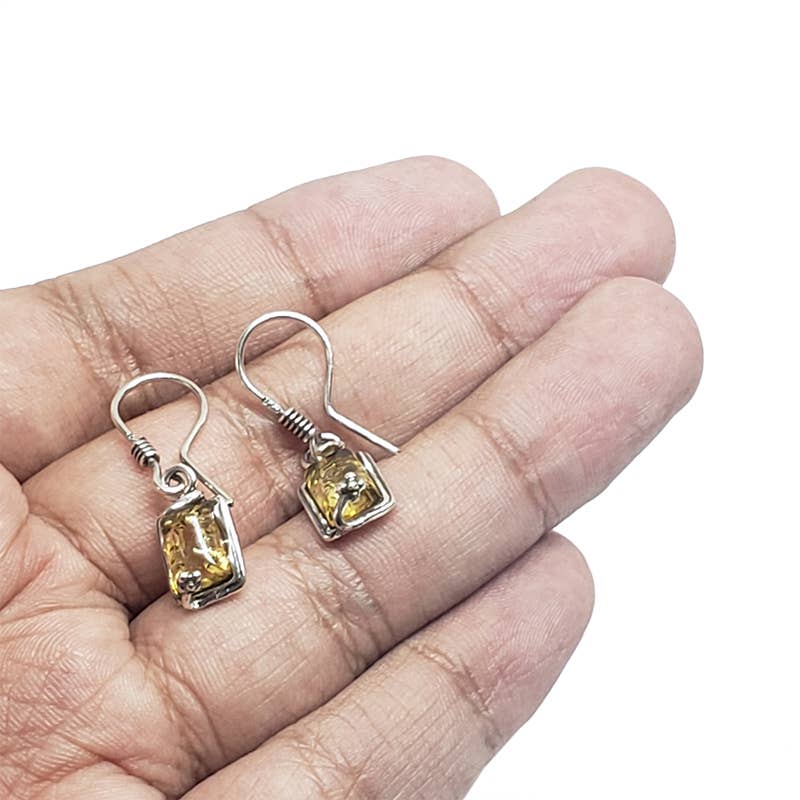 Rectangle Citrine Amber Sterling Silver Earrings