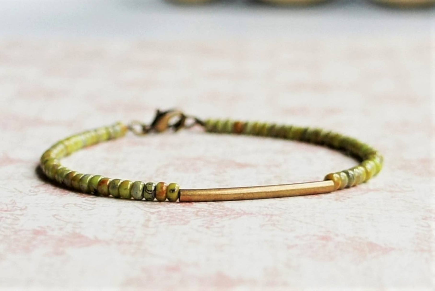 Olive Green Bronze Bar Bracelet: 7"