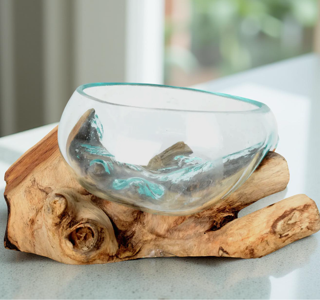 Medium Molten Glass Bowl With Natural Wood